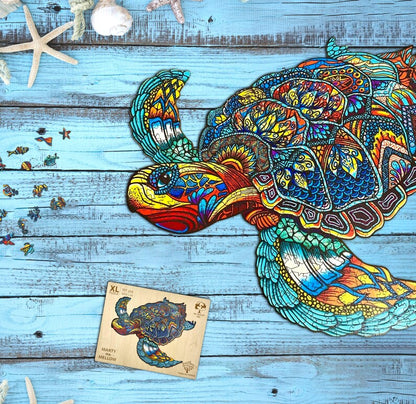 Wooden Jigsaw Puzzle XL 300 Piece (38x32.2cm) – Turtle Wooden Jigsaw for Adults Presented in Wooden Gift Box by The Puzzled Tree