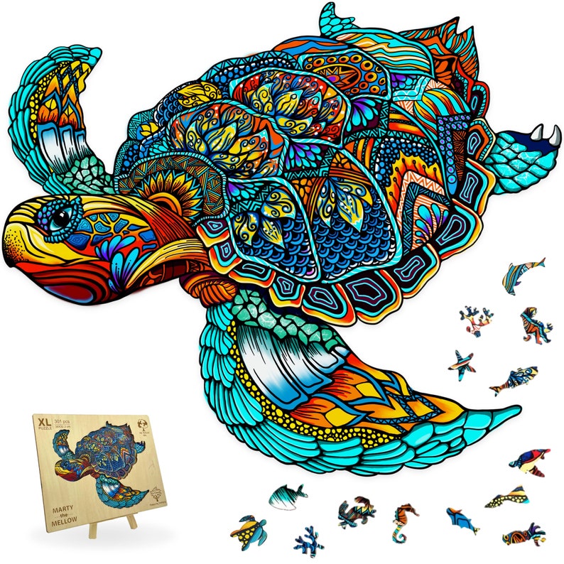 Wooden Jigsaw Puzzle XL 300 Piece (38x32.2cm) – Turtle Wooden Jigsaw for Adults Presented in Wooden Gift Box by The Puzzled Tree