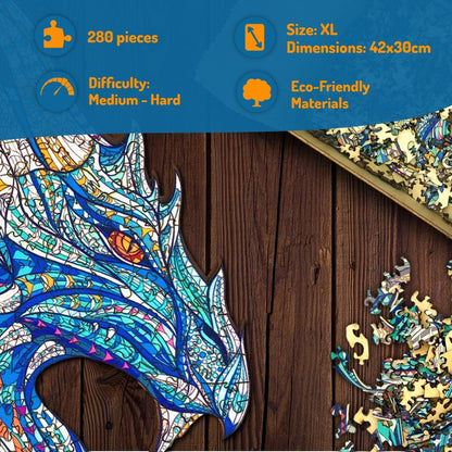 Wooden Jigsaw Puzzle XL 280 Piece (42x30cm) – Dragon Wood Puzzles for Adults Presented in Wooden Gift Box by The Puzzled Tree