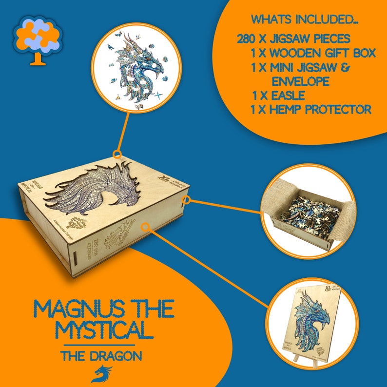 Wooden Jigsaw Puzzle XL 280 Piece (42x30cm) – Dragon Wood Puzzles for Adults Presented in Wooden Gift Box by The Puzzled Tree