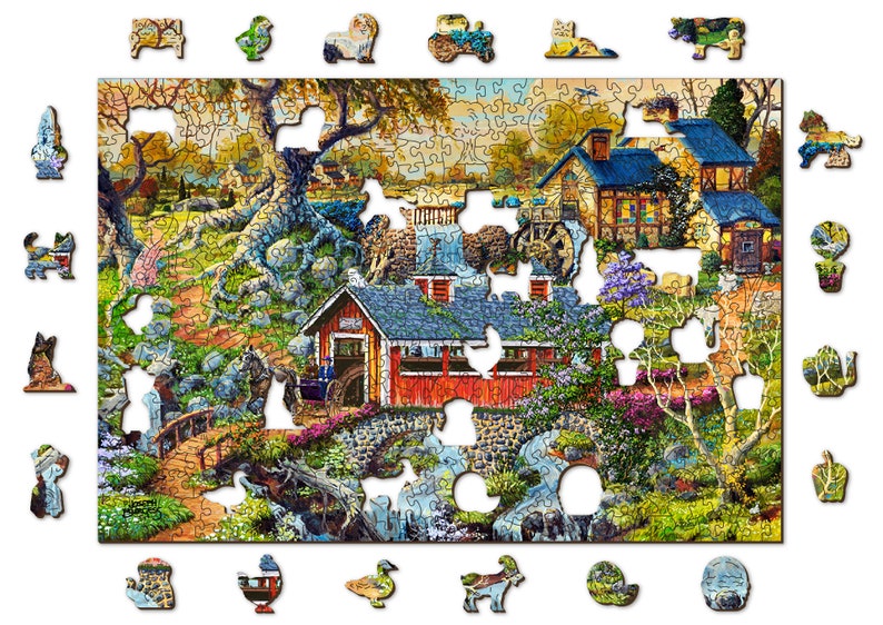 Wooden Jigsaw Puzzle "Countryside Bridges" 200, 500, 1000 pcs Beautiful Garden Adults Kids Landscape Unusual Shape Pieces Wooden.City
