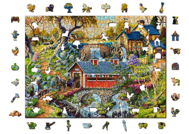 Wooden Jigsaw Puzzle "Countryside Bridges" 200, 500, 1000 pcs Beautiful Garden Adults Kids Landscape Unusual Shape Pieces Wooden.City
