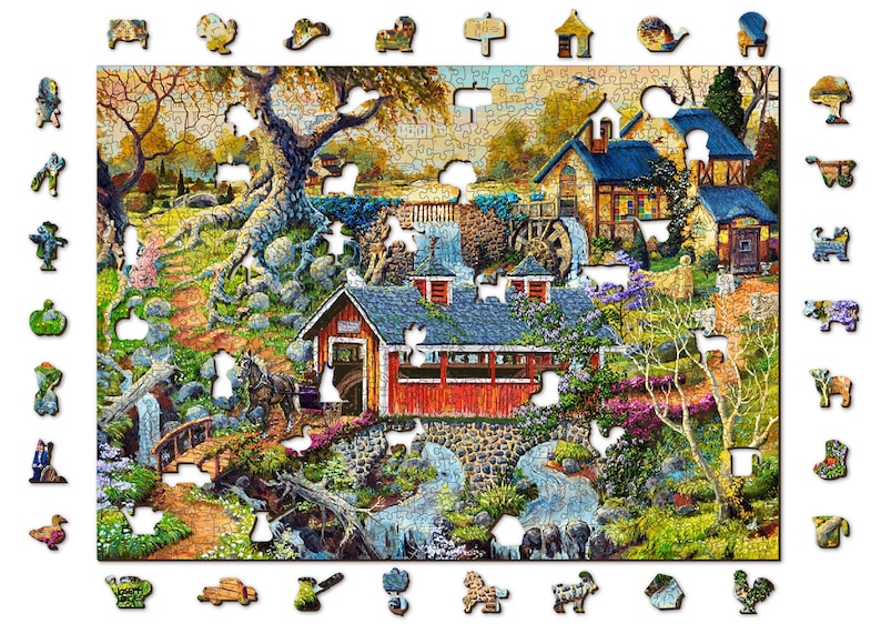Wooden Jigsaw Puzzle "Countryside Bridges" 200, 500, 1000 pcs Beautiful Garden Adults Kids Landscape Unusual Shape Pieces Wooden.City