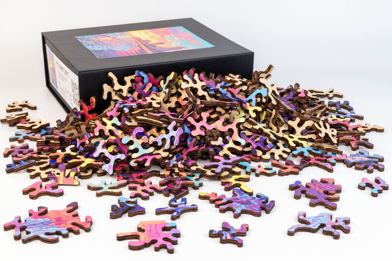 Retro Sunset Wooden Jigsaw Puzzle: Unique Abstract Shapes, Vivid UV Print