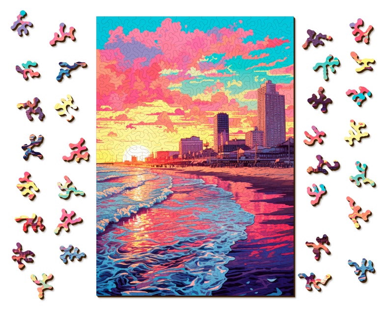 Retro Sunset Wooden Jigsaw Puzzle: Unique Abstract Shapes, Vivid UV Print