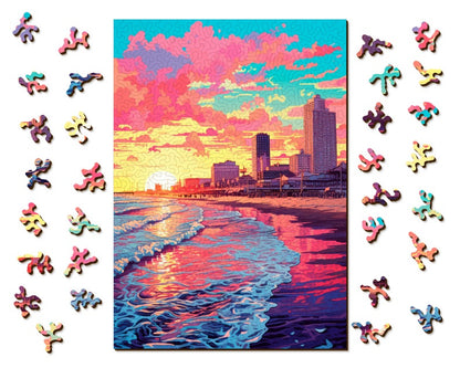 Retro Sunset Wooden Jigsaw Puzzle: Unique Abstract Shapes, Vivid UV Print