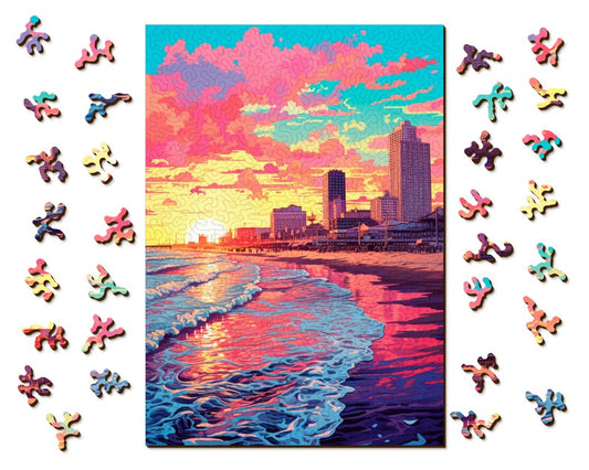 Retro Sunset Wooden Jigsaw Puzzle: Unique Abstract Shapes, Vivid UV Print