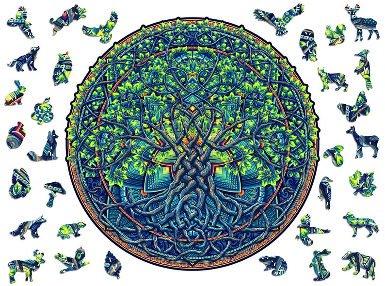 Mandala Tree of Life Wooden Jigsaw Puzzle – Difficult, Unique Shape (28x28 cm)