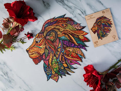 Wooden Jigsaw Puzzle XL 300 Piece (15"x15") – Lion Wood Jigsaw Puzzle for Adults Presented in Wooden Gift Box by The Puzzled Tree