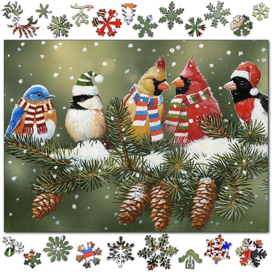 Winter Birds Unique Shaped Puzzles, Whimsy Puzzles For Adults, Logic Puzzle, Gifts For Couples, Wooden Jigsaw Puzzle, Irregular - 50 Piece