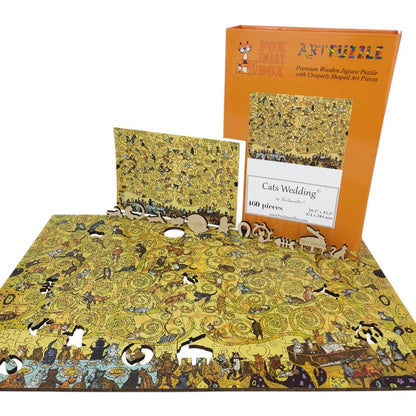 Wooden Jigsaw Puzzles for Adults - Uniquely Shaped Pieces - made in the USA by FoxSmartBox - 460 Pieces - Cats Wedding