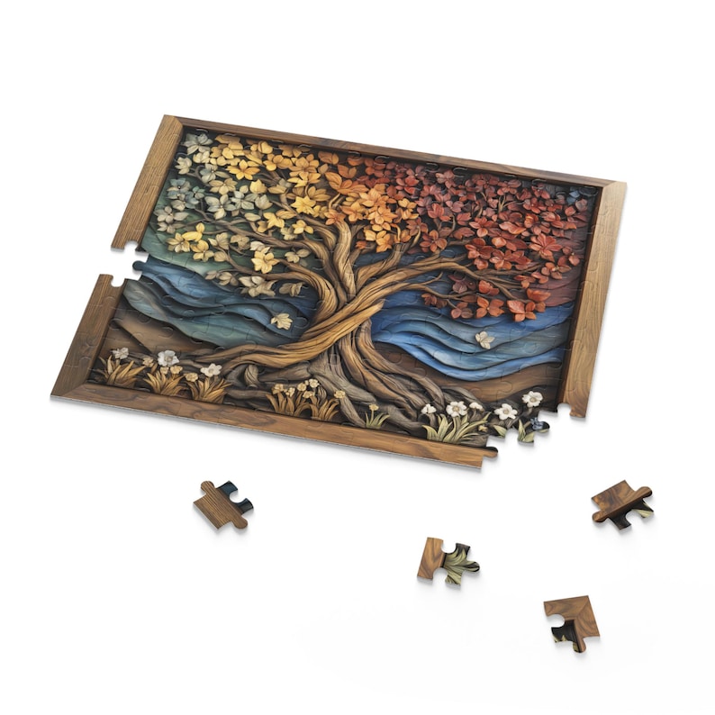 Four Seasons Tree of Life Puzzle, Wood Carved Style Tree Jigsaw Puzzle, Colorful Spiritual Nature Art, Rustic Puzzle Gift, Boho Wall Decor