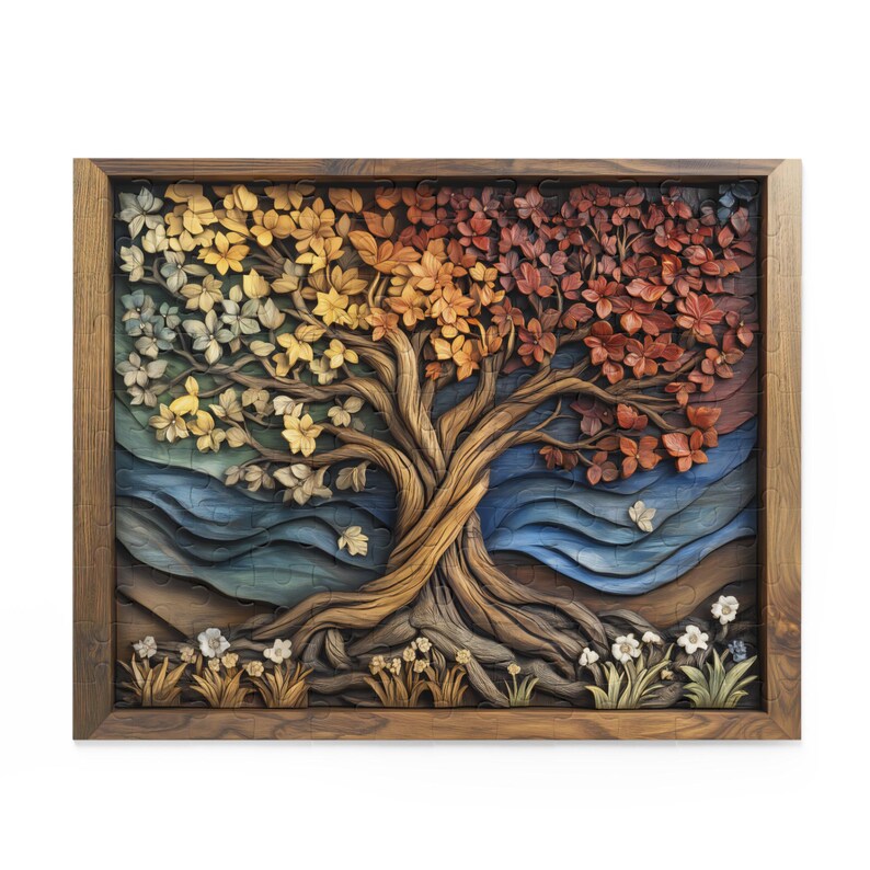 Four Seasons Tree of Life Puzzle, Wood Carved Style Tree Jigsaw Puzzle, Colorful Spiritual Nature Art, Rustic Puzzle Gift, Boho Wall Decor