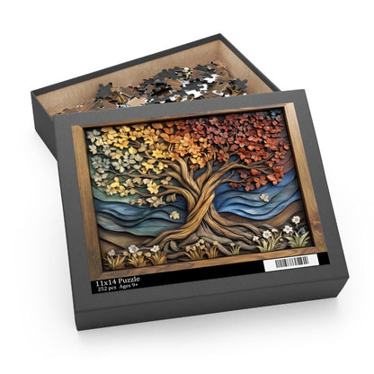 Four Seasons Tree of Life Puzzle, Wood Carved Style Tree Jigsaw Puzzle, Colorful Spiritual Nature Art, Rustic Puzzle Gift, Boho Wall Decor
