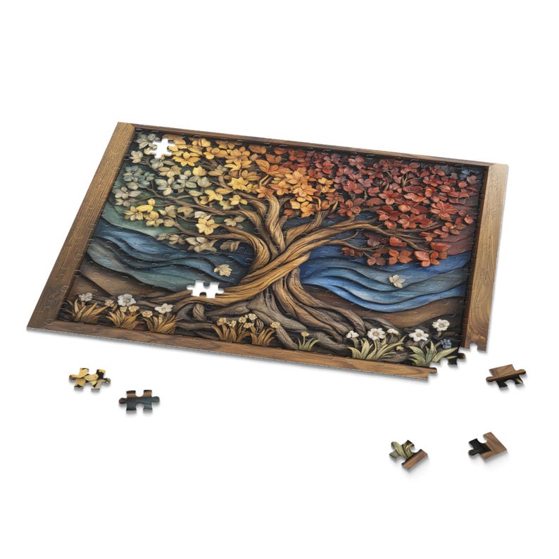 Four Seasons Tree of Life Puzzle, Wood Carved Style Tree Jigsaw Puzzle, Colorful Spiritual Nature Art, Rustic Puzzle Gift, Boho Wall Decor