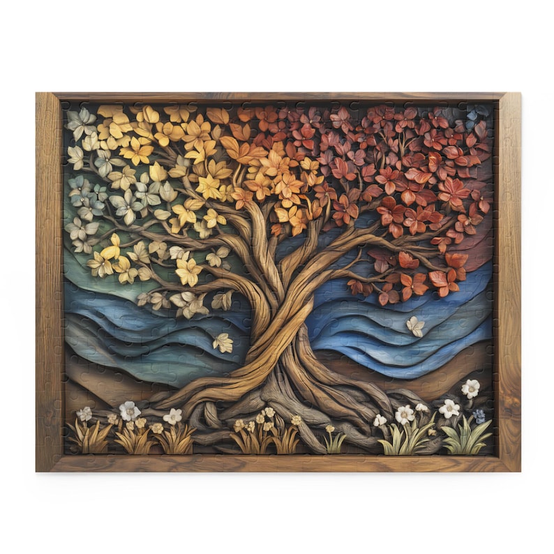 Four Seasons Tree of Life Puzzle, Wood Carved Style Tree Jigsaw Puzzle, Colorful Spiritual Nature Art, Rustic Puzzle Gift, Boho Wall Decor