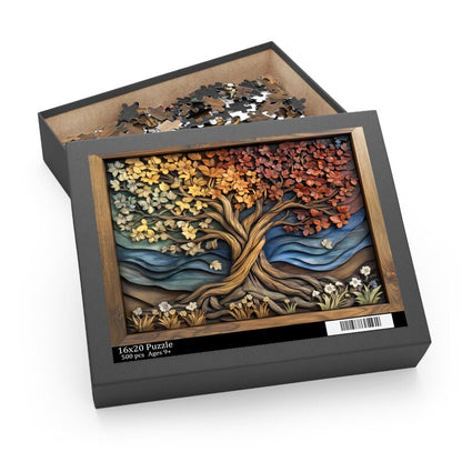 Four Seasons Tree of Life Puzzle, Wood Carved Style Tree Jigsaw Puzzle, Colorful Spiritual Nature Art, Rustic Puzzle Gift, Boho Wall Decor