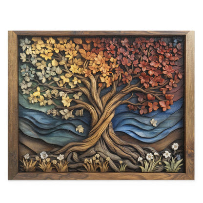 Four Seasons Tree of Life Puzzle, Wood Carved Style Tree Jigsaw Puzzle, Colorful Spiritual Nature Art, Rustic Puzzle Gift, Boho Wall Decor