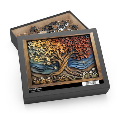 Four Seasons Tree of Life Puzzle, Wood Carved Style Tree Jigsaw Puzzle, Colorful Spiritual Nature Art, Rustic Puzzle Gift, Boho Wall Decor