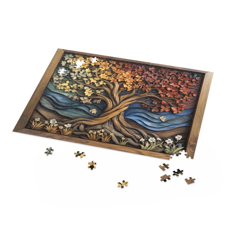 Four Seasons Tree of Life Puzzle, Wood Carved Style Tree Jigsaw Puzzle, Colorful Spiritual Nature Art, Rustic Puzzle Gift, Boho Wall Decor