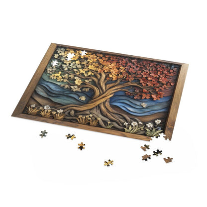 Four Seasons Tree of Life Puzzle, Wood Carved Style Tree Jigsaw Puzzle, Colorful Spiritual Nature Art, Rustic Puzzle Gift, Boho Wall Decor