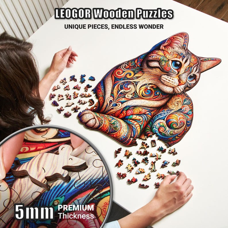 Extra-Thick 5mm Wooden Puzzle for Adults – 500 Pieces | Wood Puzzles Adult with Unique Hand-Shaped Pieces, Whiskered Cat Mosaic