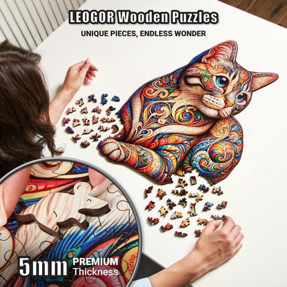 Extra-Thick 5mm Wooden Puzzle for Adults – 500 Pieces | Wood Puzzles Adult with Unique Hand-Shaped Pieces, Whiskered Cat Mosaic