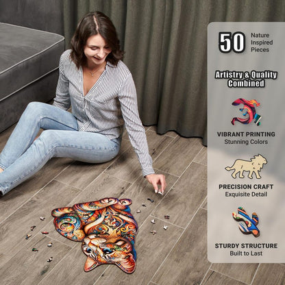 Extra-Thick 5mm Wooden Puzzle for Adults – 500 Pieces | Wood Puzzles Adult with Unique Hand-Shaped Pieces, Whiskered Cat Mosaic