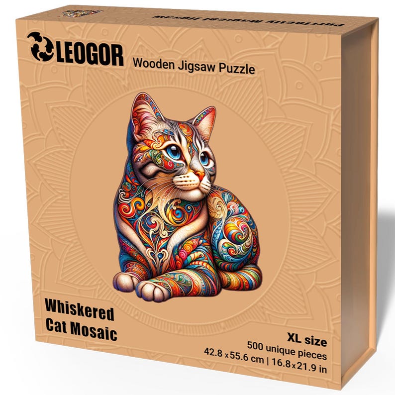 Extra-Thick 5mm Wooden Puzzle for Adults – 500 Pieces | Wood Puzzles Adult with Unique Hand-Shaped Pieces, Whiskered Cat Mosaic