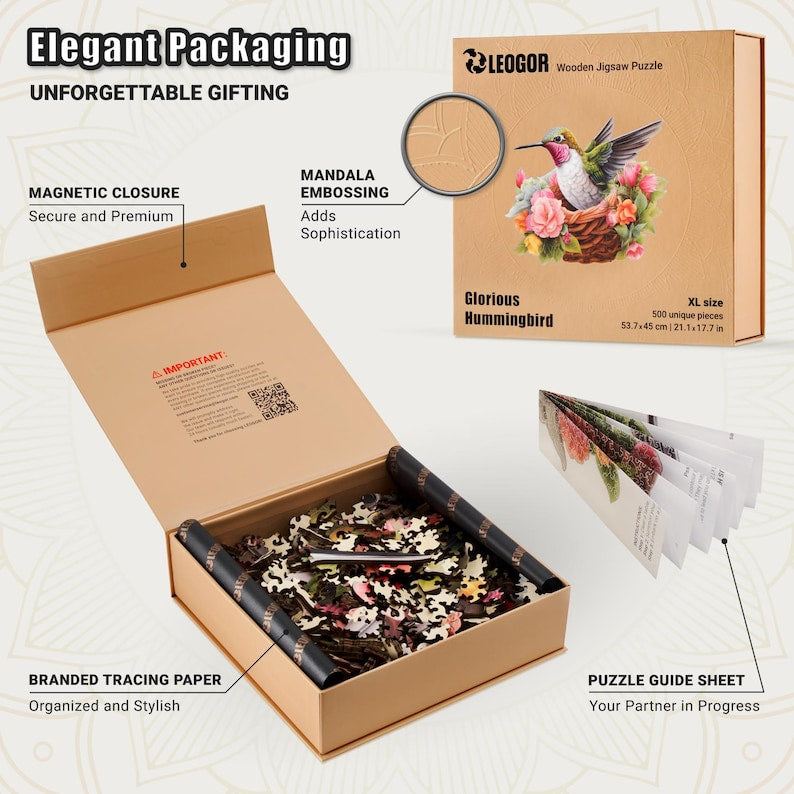 Extra-Thick 5mm Wooden Puzzle for Adults – 500 Pieces | Wood Puzzles Adult with Unique Hand-Shaped Pieces, Glorious Hummingbird