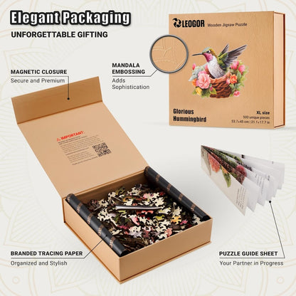 Extra-Thick 5mm Wooden Puzzle for Adults – 500 Pieces | Wood Puzzles Adult with Unique Hand-Shaped Pieces, Glorious Hummingbird