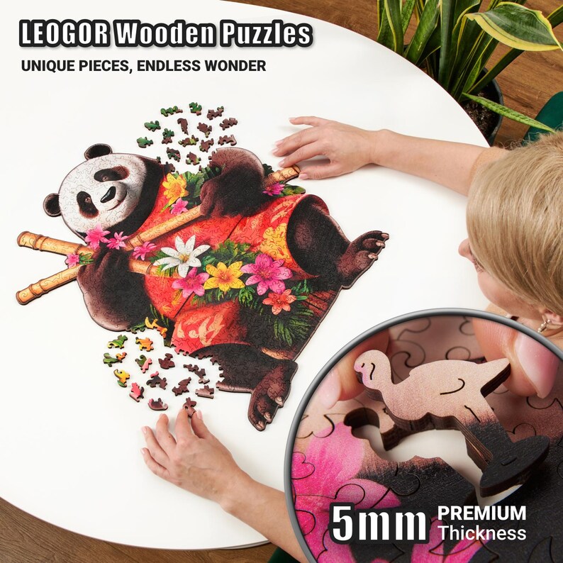 Extra-Thick 5mm Wooden Puzzle for Adults – 200, 350, 500 Pieces | Wood Puzzles Adult with Unique Hand-Shaped Pieces, Tropical Panda Paradise