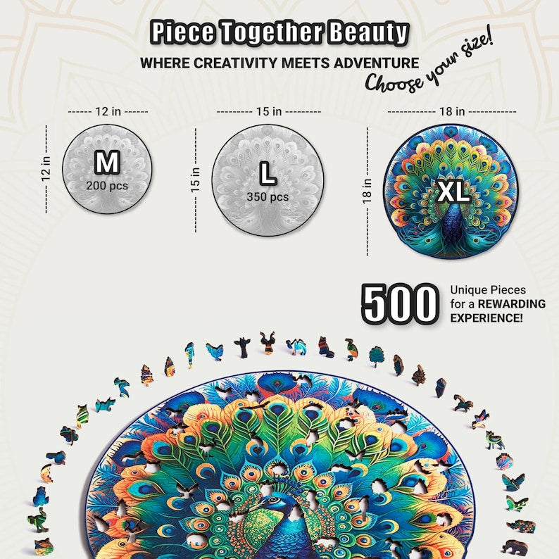 Extra-Thick 5mm Wooden Puzzle for Adults – 500 Pieces | Wood Puzzles Adult with Unique Hand-Shaped Pieces, Graceful Peacock
