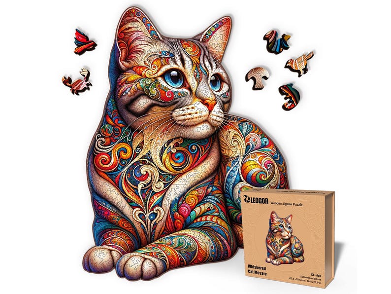 Extra-Thick 5mm Wooden Puzzle for Adults – 500 Pieces | Wood Puzzles Adult with Unique Hand-Shaped Pieces, Whiskered Cat Mosaic