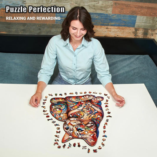 Extra-Thick 5mm Wooden Puzzle for Adults – 500 Pieces | Wood Puzzles Adult with Unique Hand-Shaped Pieces, Whiskered Cat Mosaic