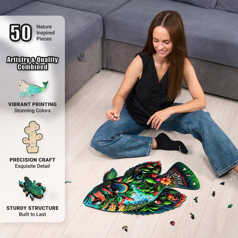 Extra-Thick 5mm Wooden Puzzle for Adults – 500 Pieces | Wood Puzzles Adult with Unique Hand-Shaped Pieces, Fish Fantasia