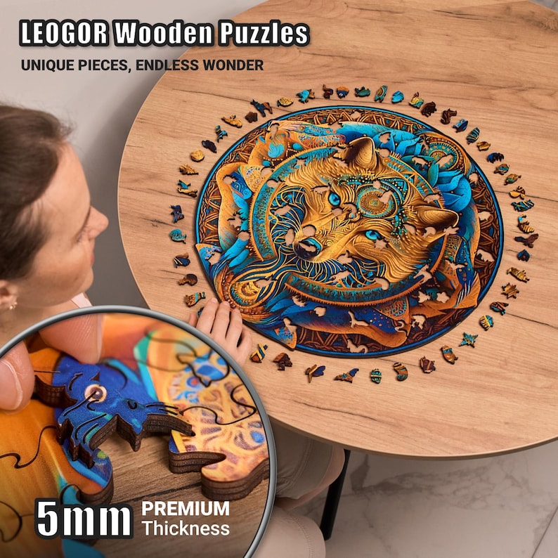 Extra-Thick 5mm Wooden Puzzle for Adults – 500 Pieces | Wood Puzzles Adult with Unique Hand-Shaped Pieces, Wolf Enchantment