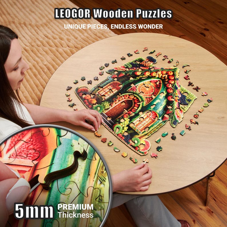 Extra-Thick 5mm Wooden Puzzle for Adults – 200, 350, 500 Pieces | Wood Puzzles Adult with Unique Hand-Shaped Pieces, Fruit Cottage Creation