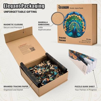 Extra-Thick 5mm Wooden Puzzle for Adults – 500 Pieces | Wood Puzzles Adult with Unique Hand-Shaped Pieces, Graceful Peacock
