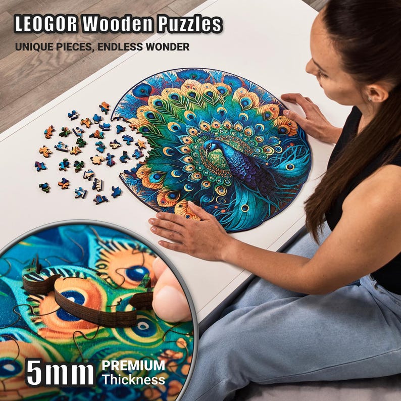 Extra-Thick 5mm Wooden Puzzle for Adults – 500 Pieces | Wood Puzzles Adult with Unique Hand-Shaped Pieces, Graceful Peacock