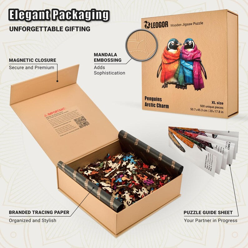 Extra-Thick 5mm Wooden Puzzle for Adults – 500 Pieces | Wood Puzzles Adult with Unique Hand-Shaped Pieces, Penguins Arctic Charm