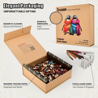 Extra-Thick 5mm Wooden Puzzle for Adults – 500 Pieces | Wood Puzzles Adult with Unique Hand-Shaped Pieces, Penguins Arctic Charm
