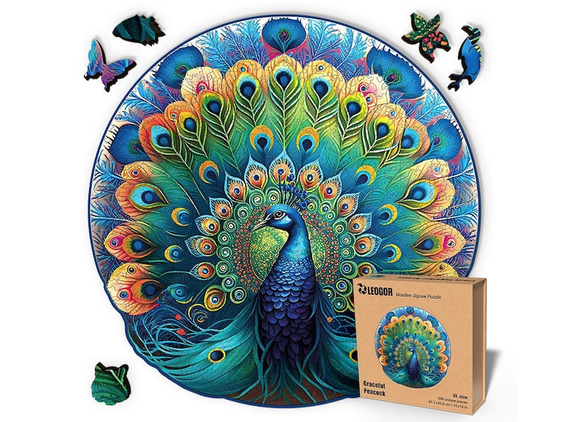 Extra-Thick 5mm Wooden Puzzle for Adults – 500 Pieces | Wood Puzzles Adult with Unique Hand-Shaped Pieces, Graceful Peacock