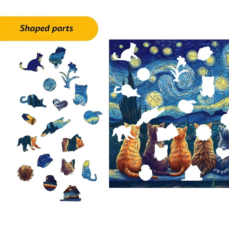 Wooden Puzzle Van Gogh Cats – Unique Starry Night Art Jigsaw, Handmade Cat Puzzle Decor, Gift for Puzzle Lovers