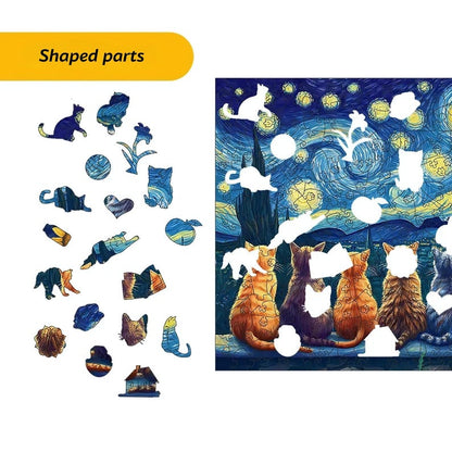 Wooden Puzzle Van Gogh Cats – Unique Starry Night Art Jigsaw, Handmade Cat Puzzle Decor, Gift for Puzzle Lovers