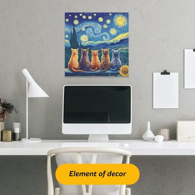 Wooden Puzzle Van Gogh Cats – Unique Starry Night Art Jigsaw, Handmade Cat Puzzle Decor, Gift for Puzzle Lovers