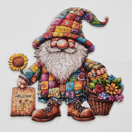 Spring Gnome Wooden Jigsaw Puzzle for Adults - 200 Pieces Whimsical Folk Art Challenge - Garden Lover Self care Gift - Premium Wooden Box