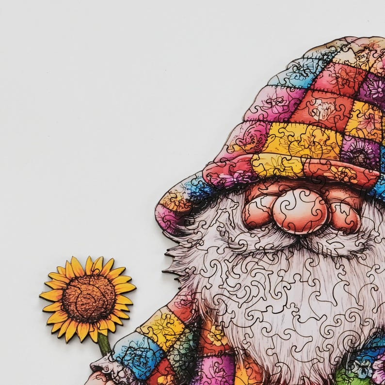 Spring Gnome Wooden Jigsaw Puzzle for Adults - 200 Pieces Whimsical Folk Art Challenge - Garden Lover Self care Gift - Premium Wooden Box