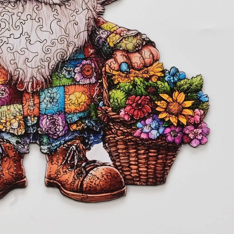 Spring Gnome Wooden Jigsaw Puzzle for Adults - 200 Pieces Whimsical Folk Art Challenge - Garden Lover Self care Gift - Premium Wooden Box