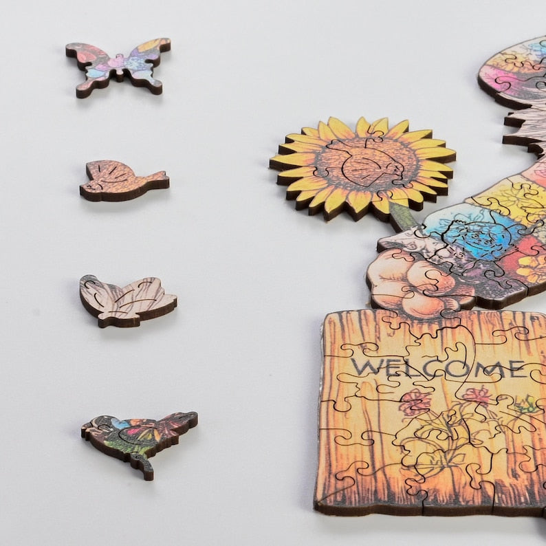 Spring Gnome Wooden Jigsaw Puzzle for Adults - 200 Pieces Whimsical Folk Art Challenge - Garden Lover Self care Gift - Premium Wooden Box